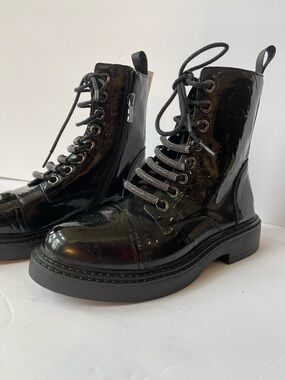 DKNY Black Patent Lace-Up Combat Boots